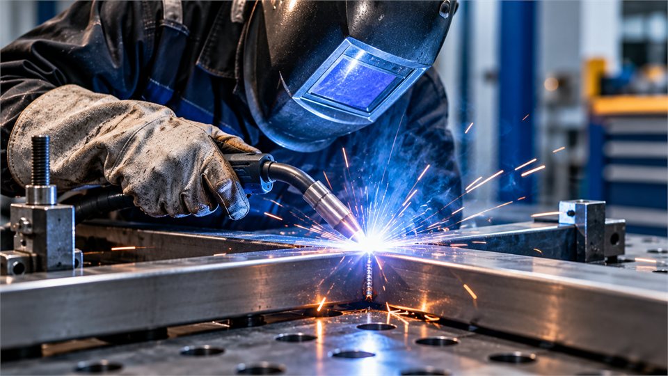 Schweißer beim Verbinden von Metallbauteilen mit einem Lichtbogenschweißbrenner.